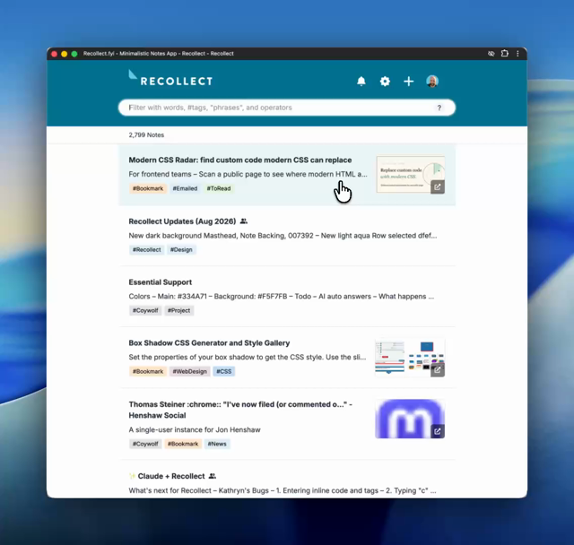Screencast showing the use of the View Transition API to open notes on the Recollect notes app. Clicking a note preview smoothly transitions into a full-page note, and clicking the Close button smoothly transitions back to the note list view.