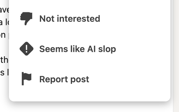Screenshot of a LinkedIn post menu with three options: "Not interested," "Seems like AI slop," and "Report post."