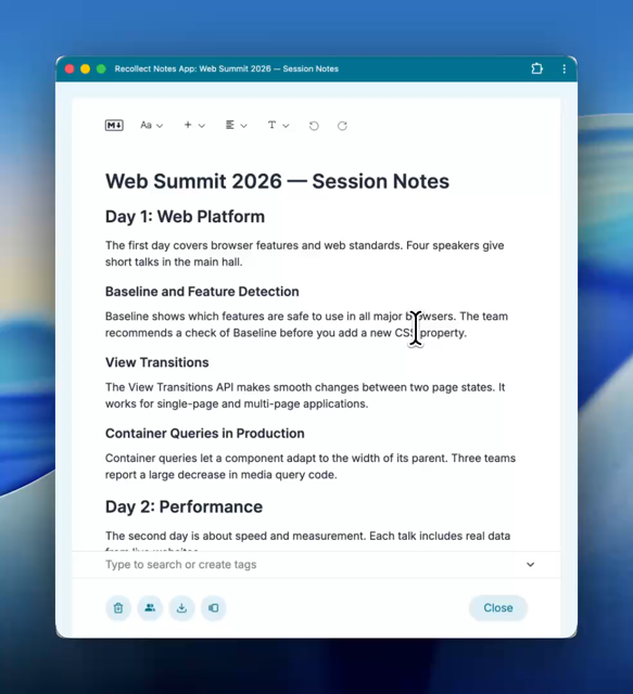 Screencast of the Recollect notes app adding a Table of Contents that automatically adds the document's headings and act as jump links.