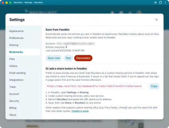 Feedbin settings in Recollect's Bookmark settings