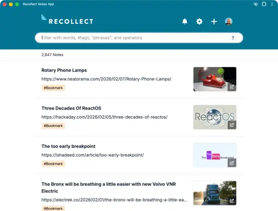 Recollect notes app with bookmark notes that were starred on Feedbin