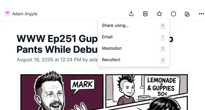 Share menu in Feedbin with Recollect as an option to share and save as a bookmark note