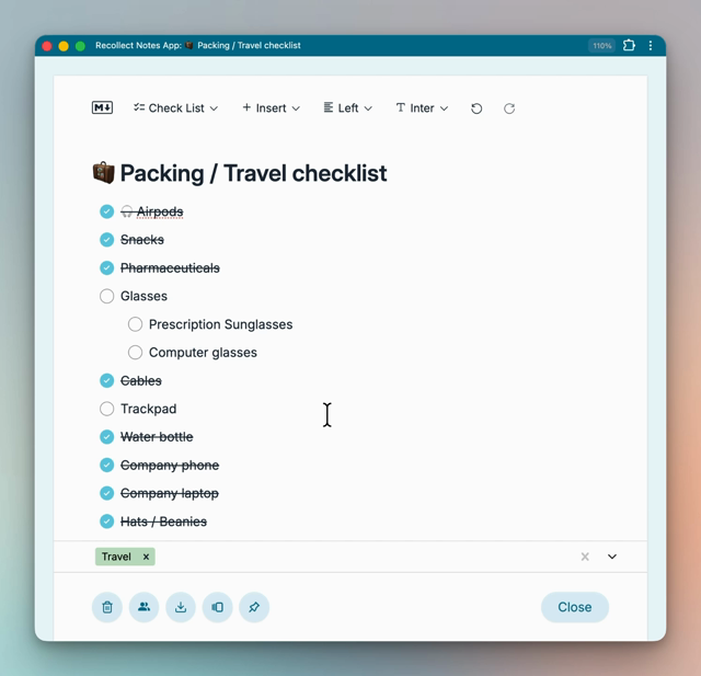 Screencast of Recollect notes and bookmarking app showing how clicking the parent item in a checklist automatically checks its child items. And clicking all child items automatically check the parent item.