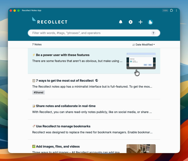 Screencast of Recollect notes and bookmarking app showing off the new <kbd> styling
