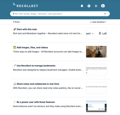Screenshot of Recollect's note-taking interface showing a list of five instructional notes with titles like "Start with this note," "Add images, files, and videos," and "Use Recollect to manage bookmarks," each with preview text and some accompanied by thumbnail images or previews on the right side.