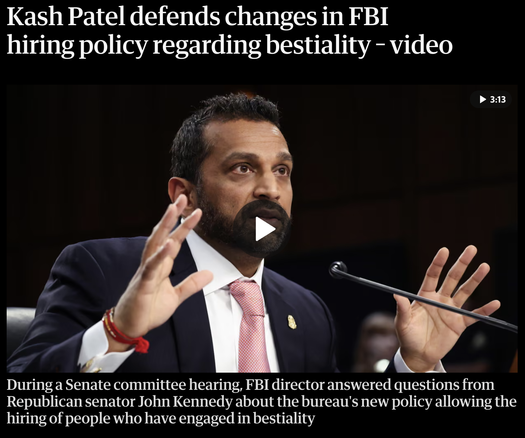 Screenshot of a bearded man in a dark suit and pink tie speaking at a microphone with both hands raised, with headline text reading "Kash Patel defends changes in FBI hiring policy regarding bestiality – video."