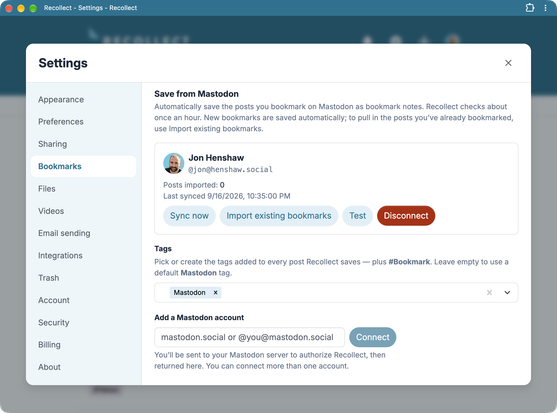 Screenshot of the Bookmarks settings panel in Recollect, showing a connected Mastodon account for Jon Henshaw with options to sync posts, import existing bookmarks, and add additional accounts.