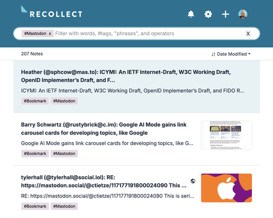 Screenshot of Recollect with bookmark notes made from bookmarks on Mastodon