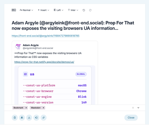 Screenshot of a Recollect bookmark note created by a bookmark on Mastodon