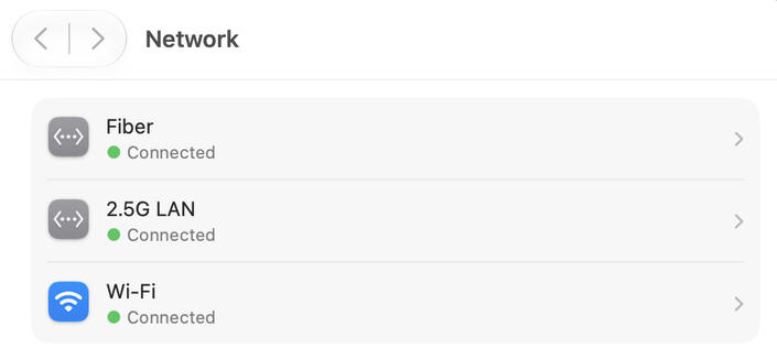 Screenshot of a Network settings screen showing three connection options: Fiber, 2.5G LAN, and Wi-Fi, all marked as connected.