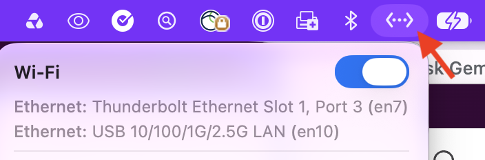 Screenshot of a Wi-Fi settings panel showing the toggle switched on, with two ethernet connection options listed below.