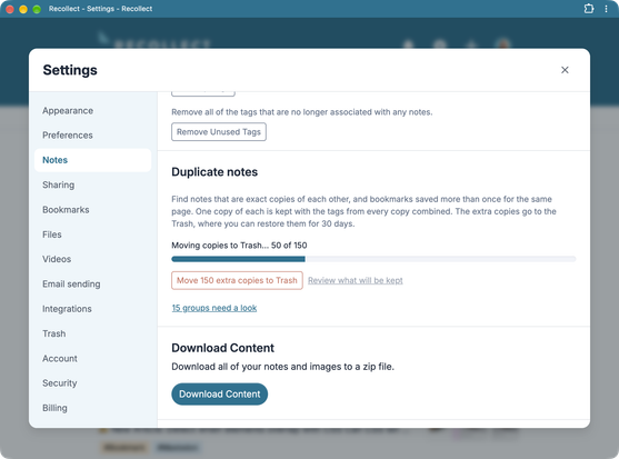 Screenshot of a Settings panel in Recollect showing the Notes section, with options to remove unused tags, manage duplicate notes (currently moving 50 of 150 copies to trash), and download all content as a zip file.