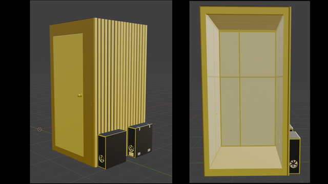 Two 3D renderings of a yellow and black isolation booth. The left image shows an exterior three-quarter view of the booth with vertical ribbed paneling on the right side, a solid yellow door on the left, and black equipment boxes at the base. The right image shows an interior front view of the same booth with a cream-colored floor, recessed ceiling, and a four-panel window or gate design, with the same black equipment visible at the base on the right side.