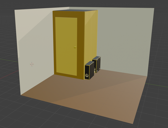 Three-dimensional rendering of a small interior isolation booth with cream-colored walls and a brown floor. A bright olive-yellow door with a brass knob is set into the back wall, flanked by vertical ribbed paneling in the same color. To the right of the door stand two black fan units. The scene is lit from above, casting subtle shadows and giving the space depth.