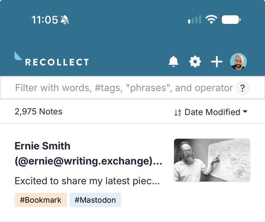 Mastodon bookmark turned into a Recollect bookmark note