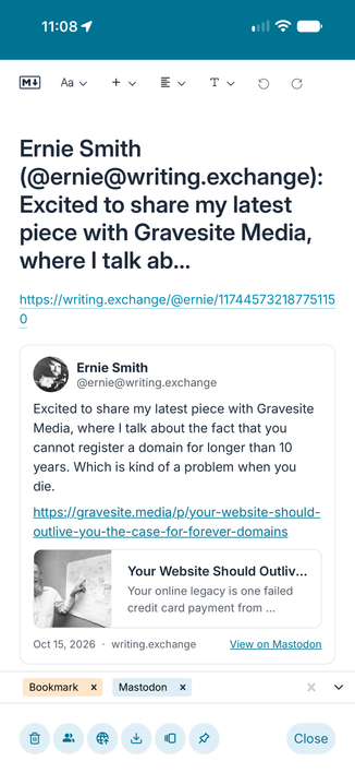 Recollect bookmark note with an embedded Mastodon post