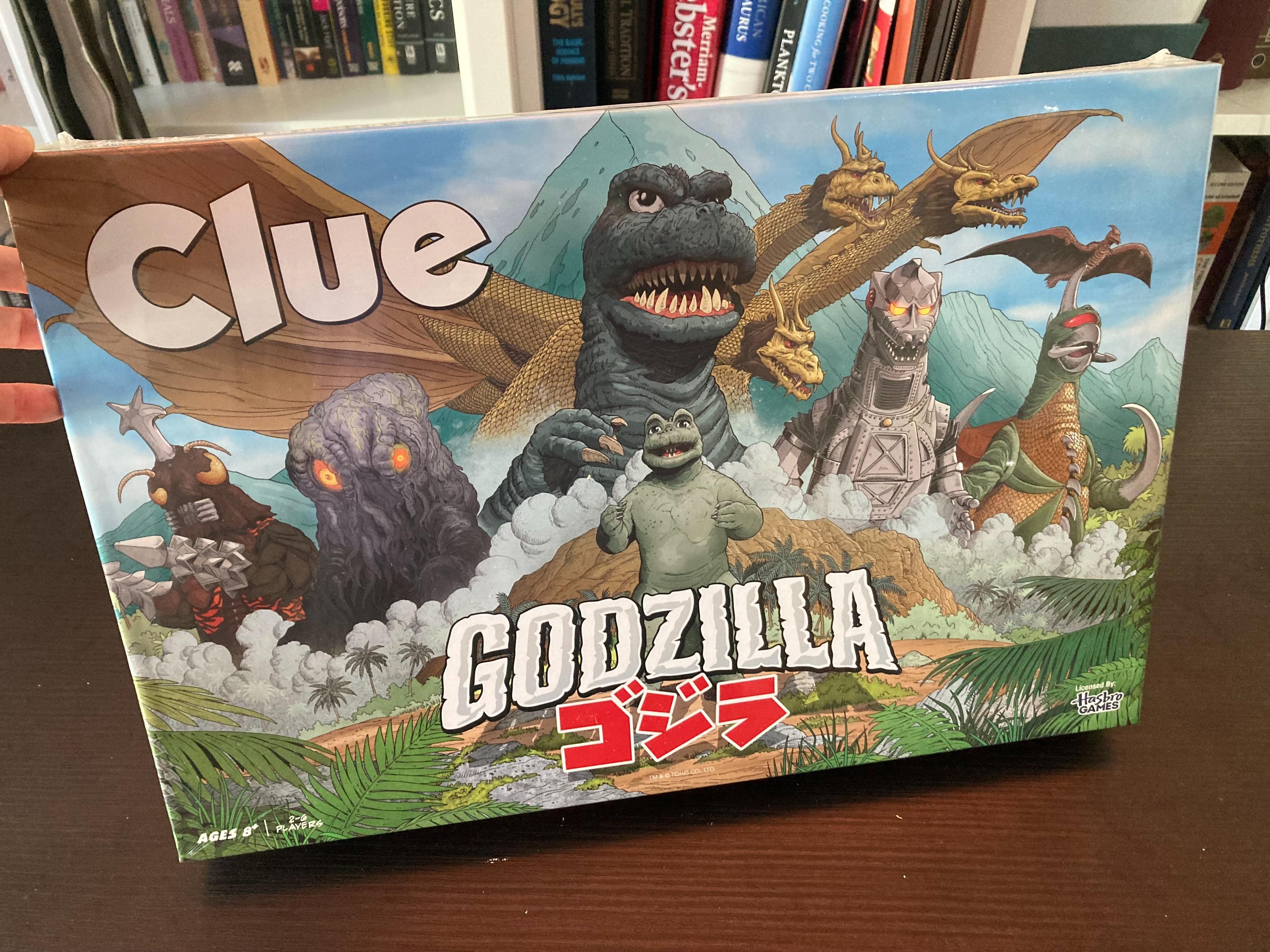 Godzilla Clue board game box. 60s era Godzilla on the cover, plus many of his foes.