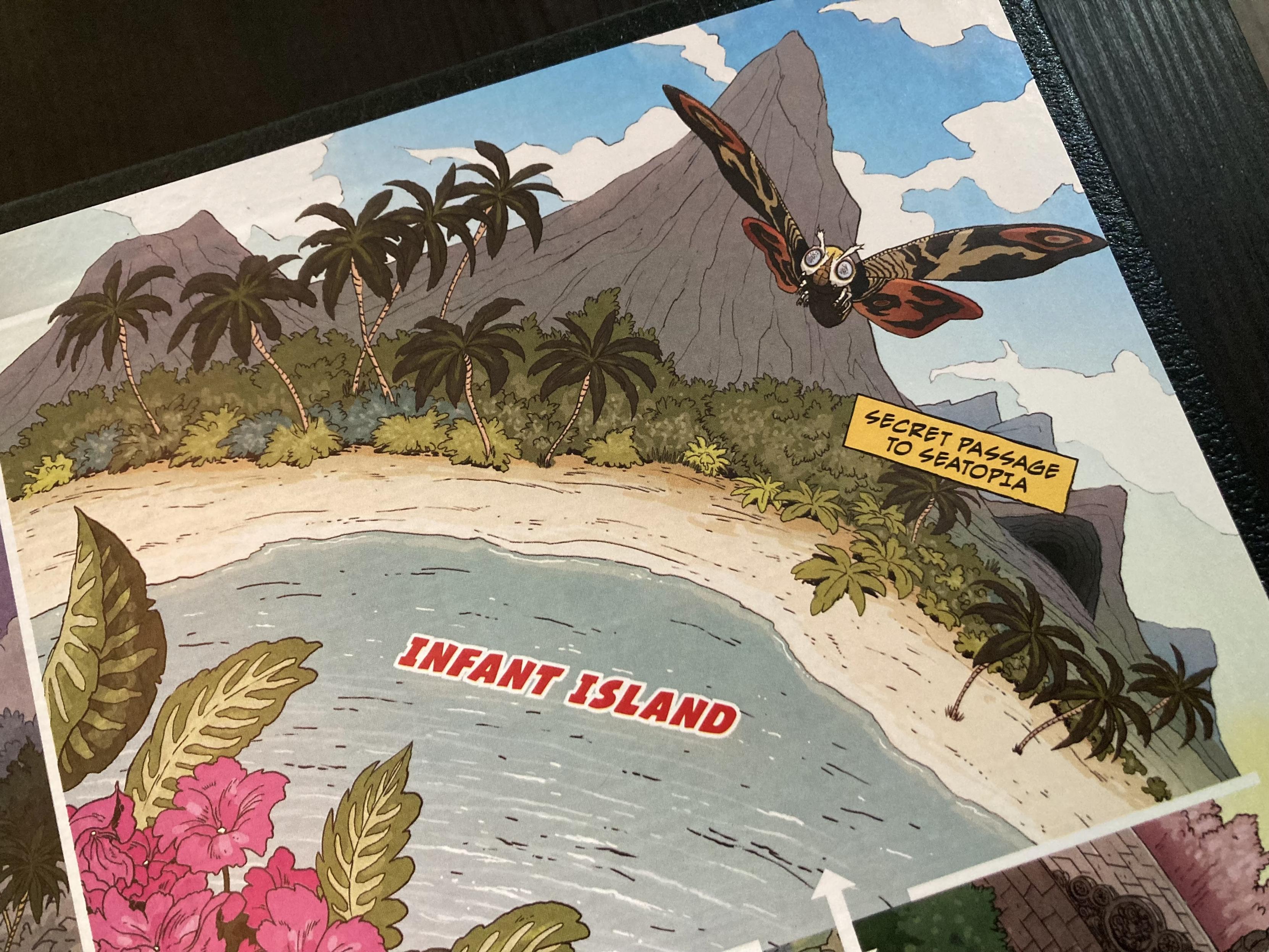 A corner of the game board showing infant island and Mothra. With secret passage to Seatopia.