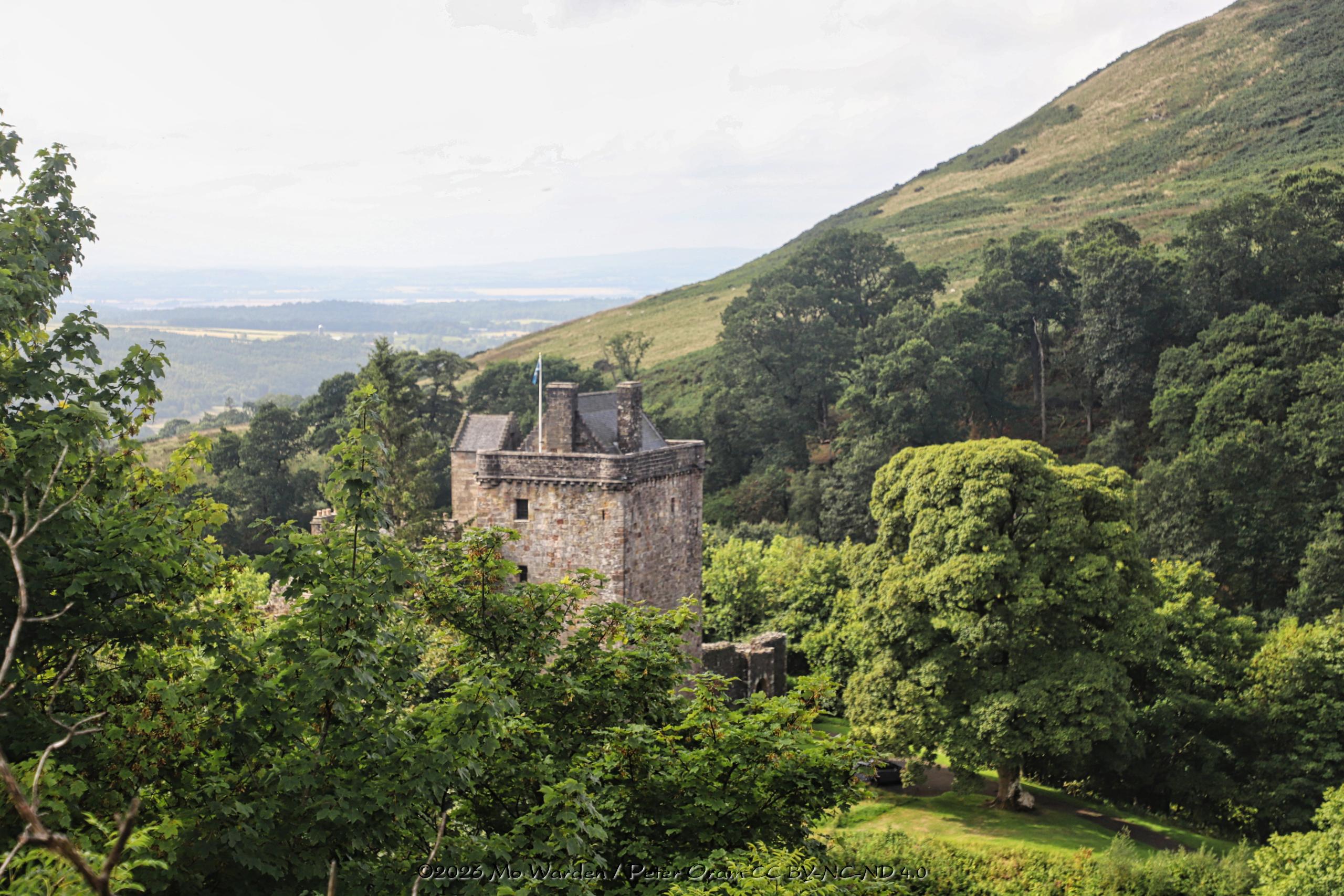 A colour photo of a brown and grey stone castle nestled in a leafy glen. Old trees and green slopes are surrounding it, and in the background is a view of distant woods and fields. The roof of the tower house has a flagpole on it, flying the Scottish Saltire. There are also slate roofs, chimneys and battlements.