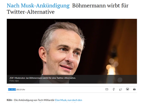 Screenshot der verlinkten Website. Überschrift: Nach Musk-Ankündigung Böhmermann wirbt für Twitter-Alternative