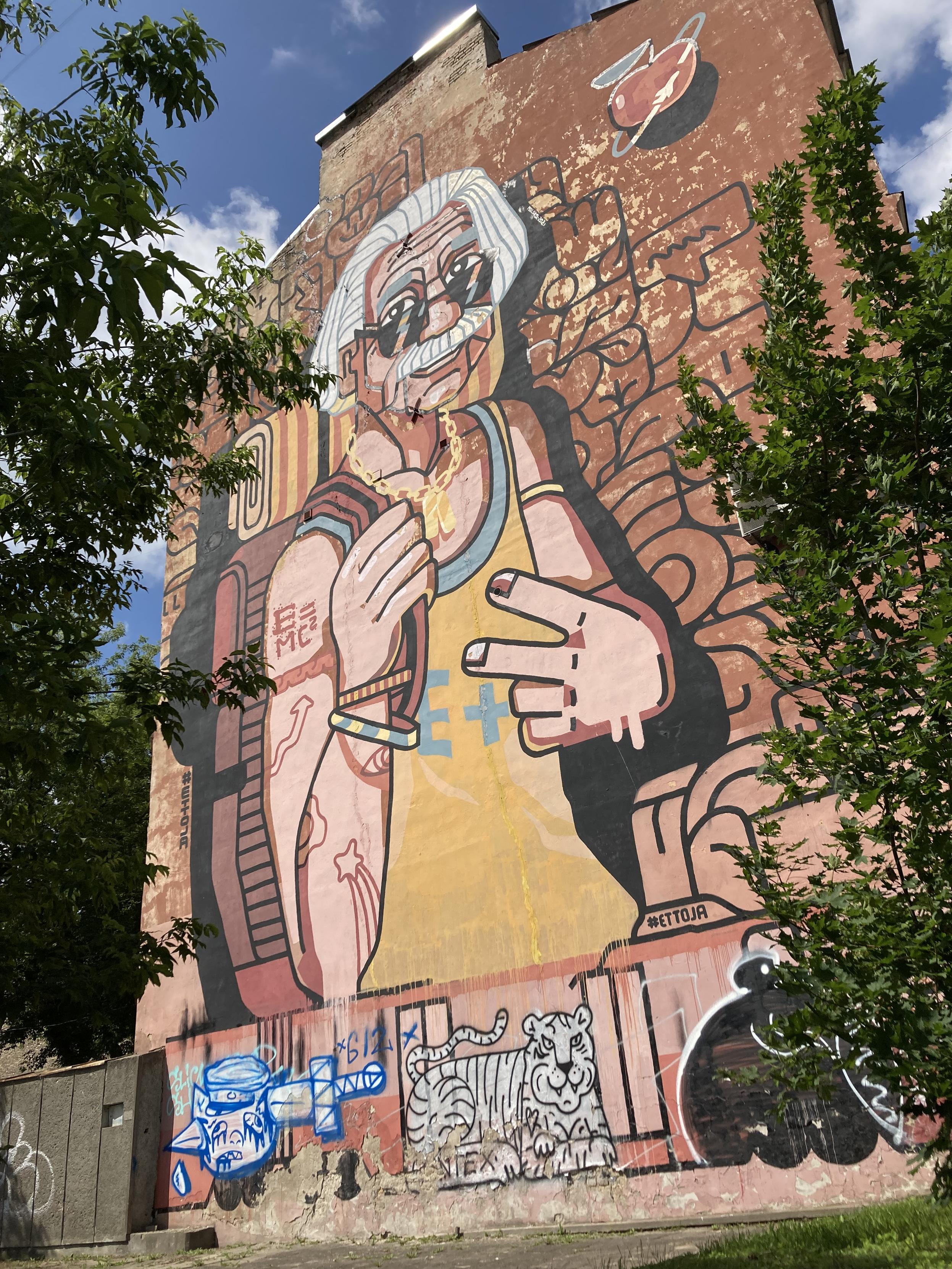 A huge graffiti depicting Einstein as a globetrotter.