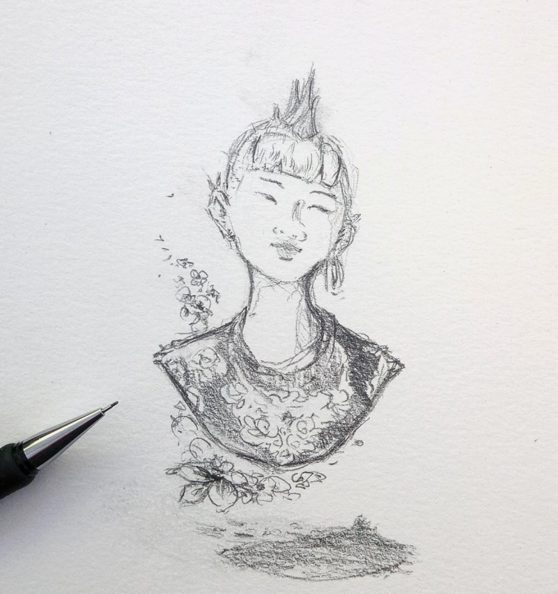 pencil sketch of woman punk in style of a museum bust