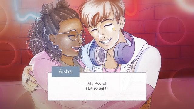 Screenshot from Ace & Aro: Heart-to-Heart.

Pedro and Aisha hug.

Aisha: "Ah, Pedro! Not so tight!"