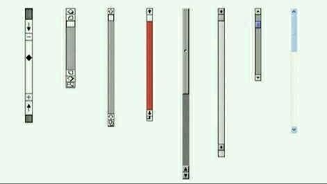 A series of eight old fashioned vertical scrollbars of different heights and colors