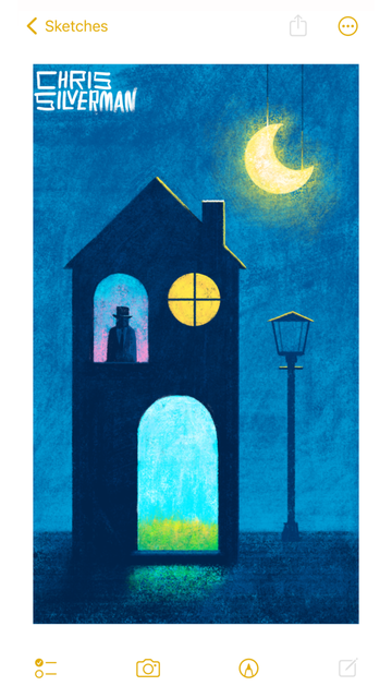 A darkened blue area that suggests a stage. There is a house, although it looks like a stage prop. The house has an arched doorway that reveals a different world: a bright blue sky, green grass, and yellow flowers. Above, on the second floor, is an arched window with another different scene: another blue sky, this time with pink. A dark figure wearing a suit and top hat stands in that window. To the right of that window is a round yellow window. To the right of the house is a Victorian lamppost, which also looks like a prop. Above it is a glowing yellow crescent moon, which is very clearly a stage prop, as it is hanging from strings. The painting is signed 