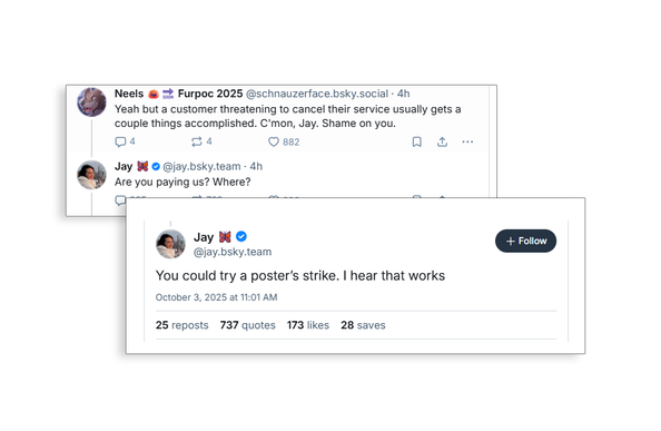 A pair of two posts from Jay Graber, the CEO of Bluesky.

In first, she says 