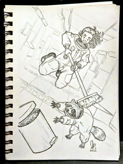 A pencil drawing in a sketchbook depicting a scene in what may be a space station. There's a woman in astronaut garb floating in zero gravity. She's weilding a regular ol' floor broom (as opposed to a hypothetical futuristic space broom?), and she's angrily shooing away a raccoon. Inexplicably, the raccoon is also wearing astronaut garb, and is floating after a regular ol' garbage bin in zero gravity.

An implication here could be that these critters can get into just about anything, even off-Earth.