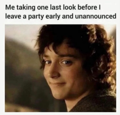 Me taking one last look before I leave a party early and unannounced (image of Frodo at the end of the Lord of the Rings, looking back wistfully over his shoulder)