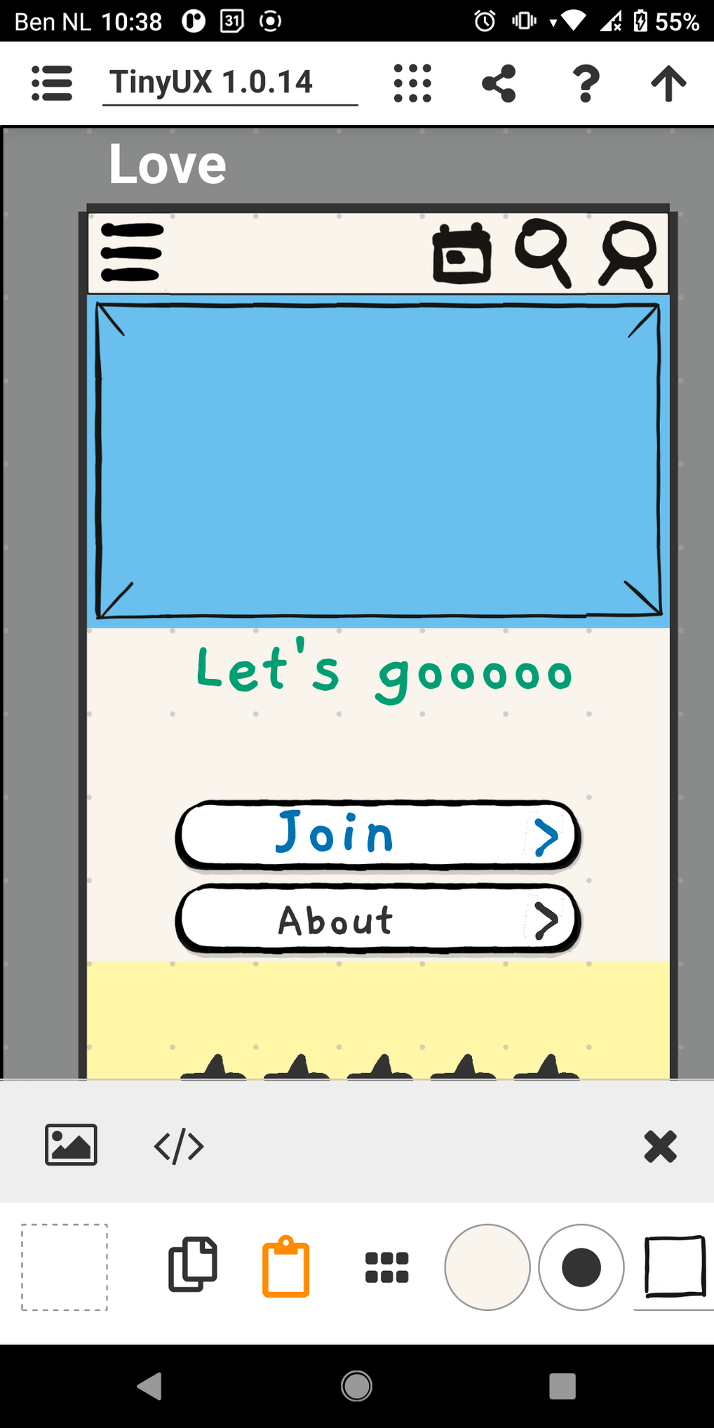 Screenshot of TinyUX app, showing wireframe.
