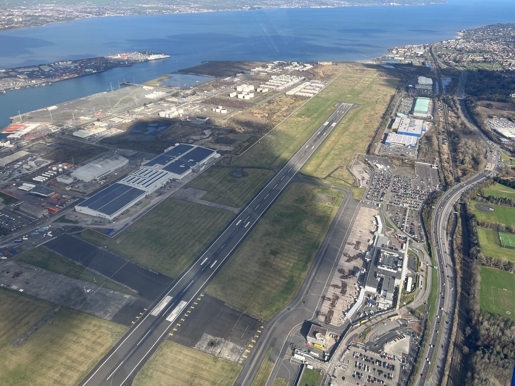The runway at Belfast city airport from above