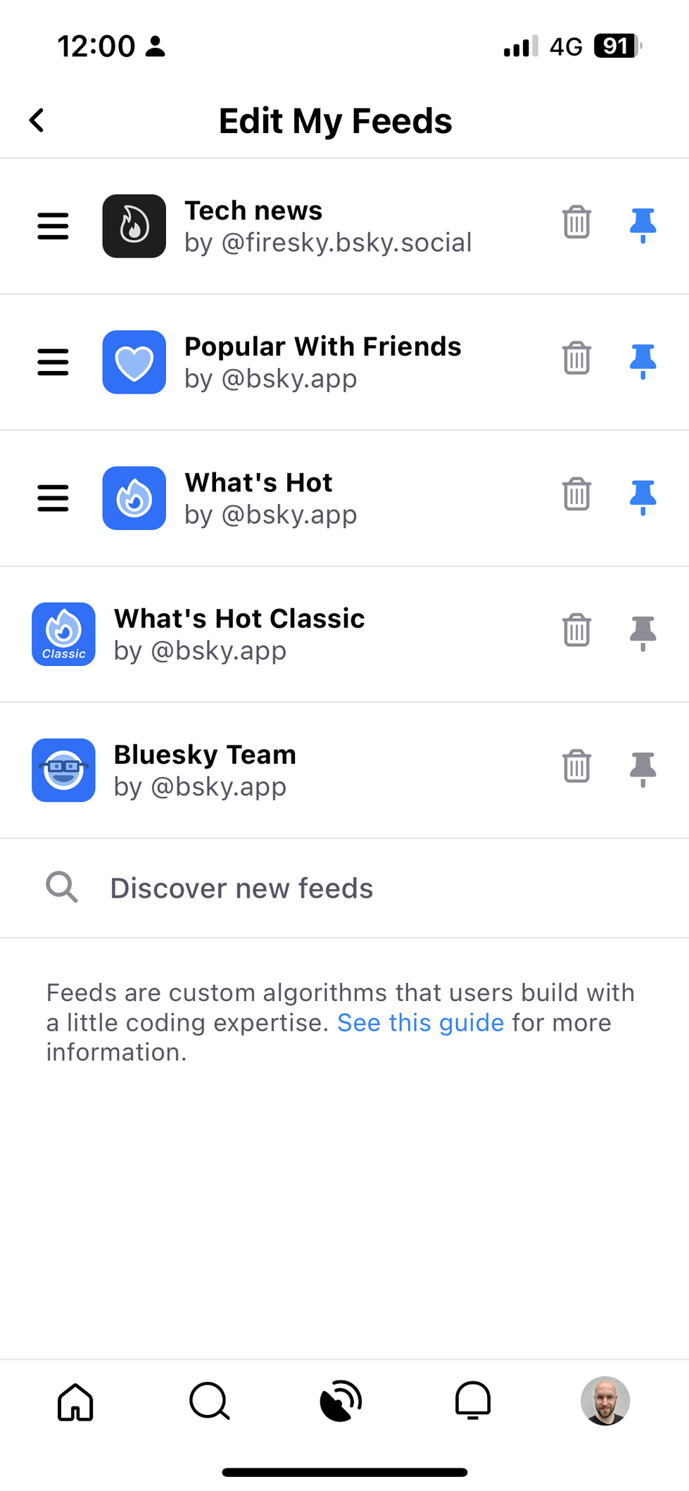 A screen shot of the feeds page on the bluesky app listing the feeds I subscribe to