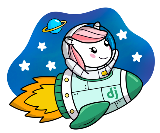 The Django pony riding in a rocket ship with “dj” on it in space. With stars and a planet in the background.
