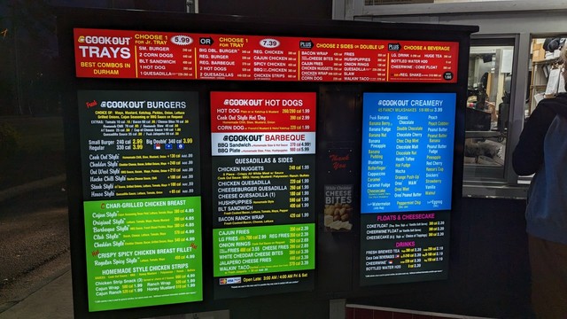 The obscenely extensive menu at Cookout.