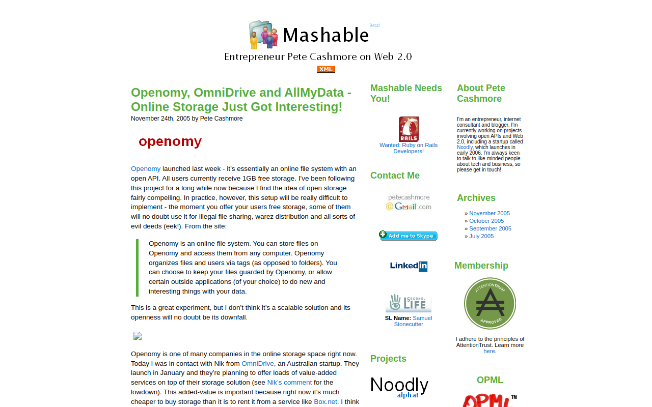 Screenshot of mashable.com on November 25, 2005