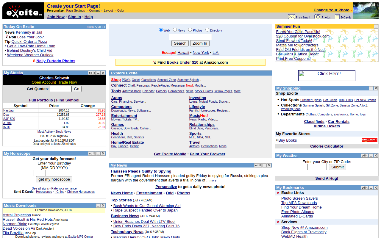 Screenshot of excite.com on July 07, 2001