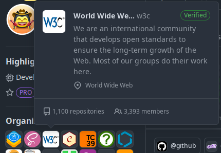 A screenshot of a "Hovercard" on GitHub, showing the "W3C" org avatar hovered over, which has popped open a rich tooltip showing more information about the org - including their location, member count, the number of repositories, and their verified status.