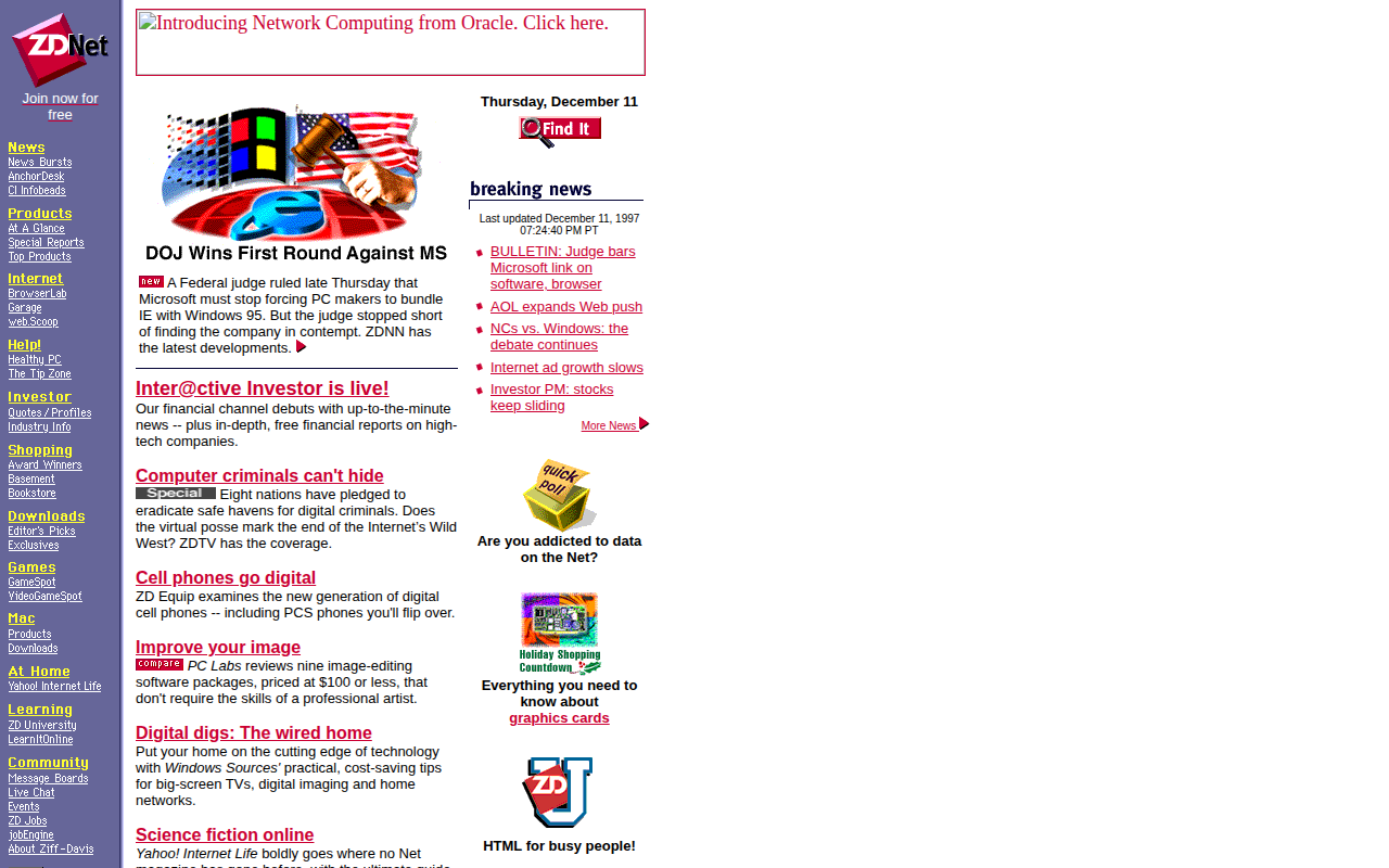 Screenshot of zdnet.com on December 12, 1997