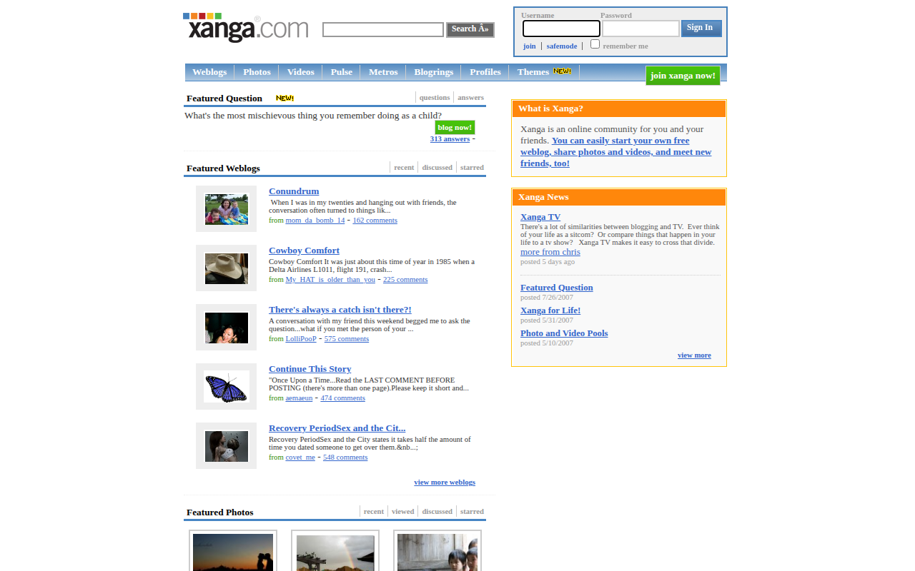 Screenshot of xanga.com on August 11, 2007