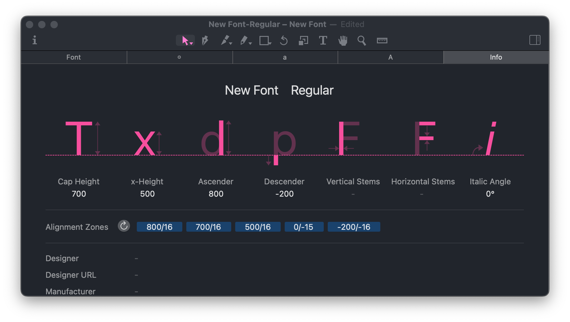 A screenshot of Glyphs Mini 2 with hot pink accent colour.