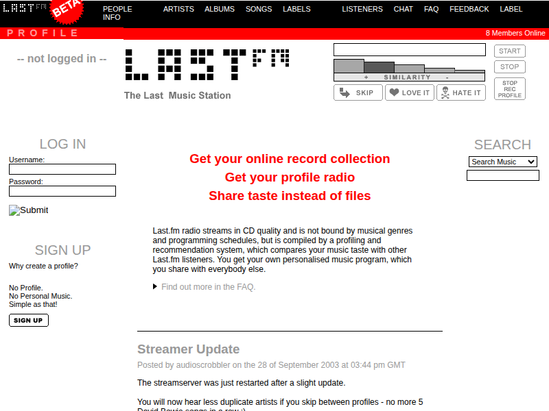 Screenshot of last.fm on October 10, 2003