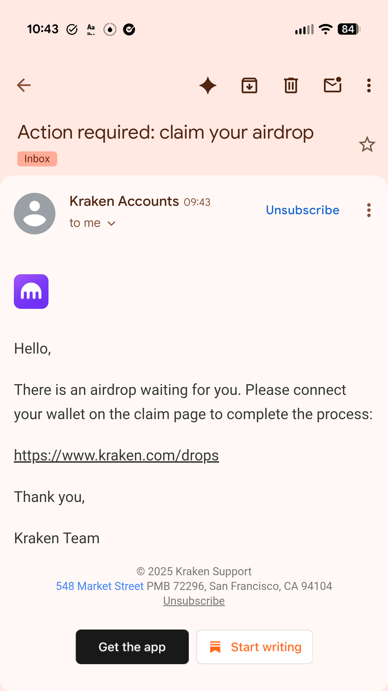 Email from Kraken about claiming an airdrop, with a link to their website.