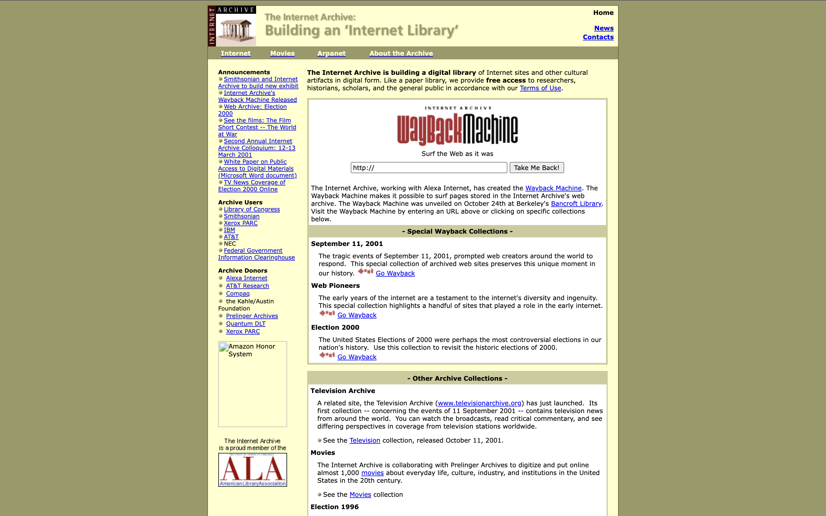 Internet Archive website just after the launch of Wayback Machine in October 2001.