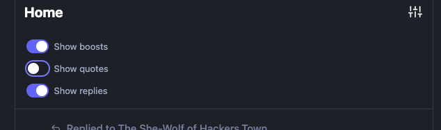 Three checkboxes for Show Boosts, Show Quotes and Show Replies.