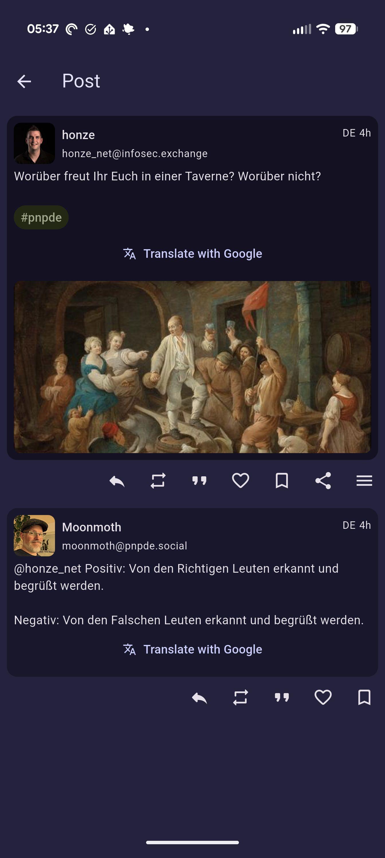 A group of people gathered in a tavern, some raising glasses.