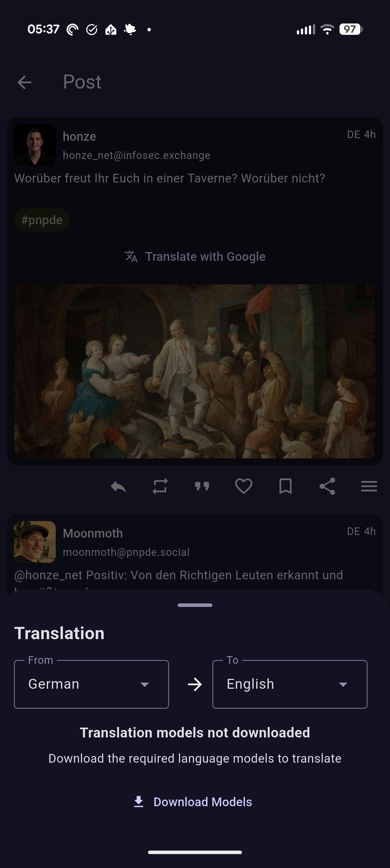 A painting of people gathered in a tavern.