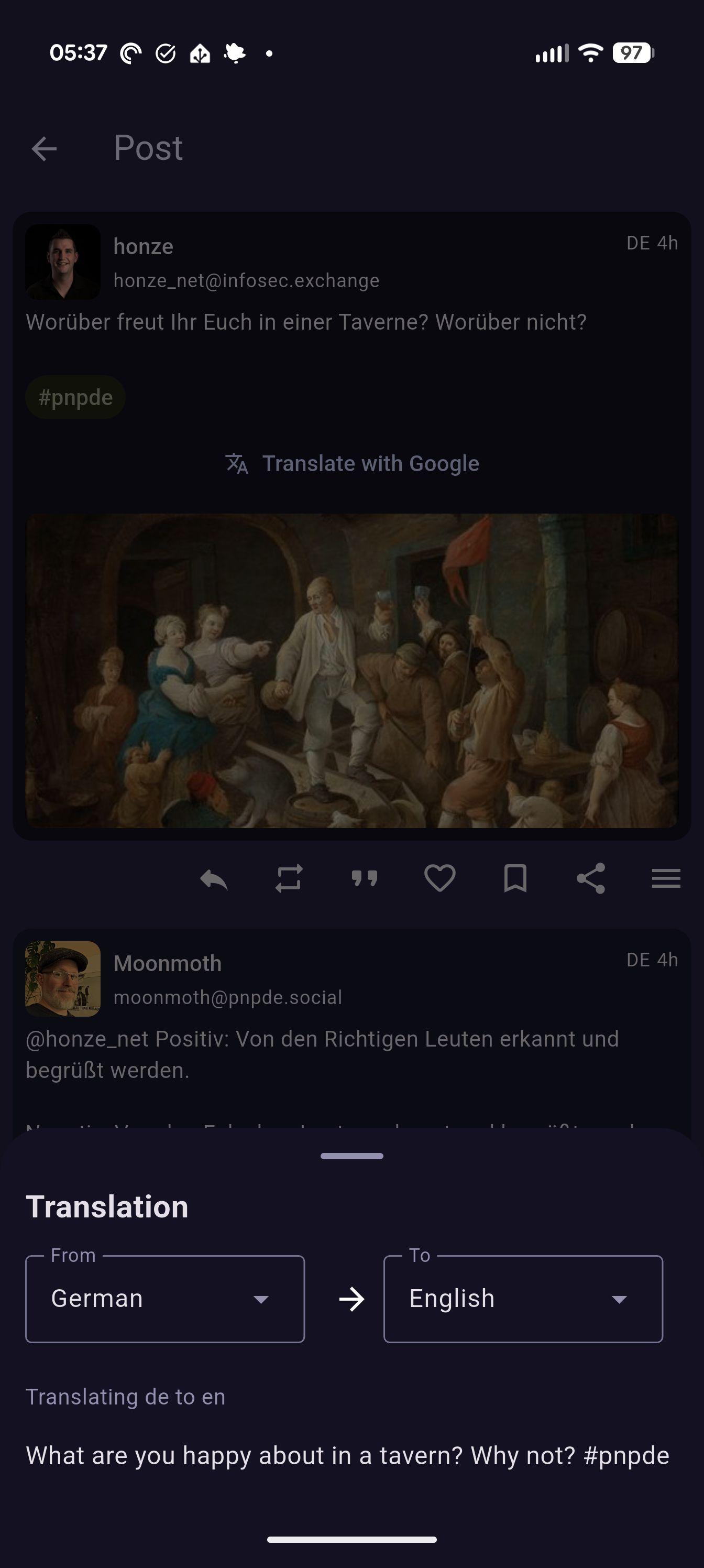 A painting of a lively tavern scene with many people.